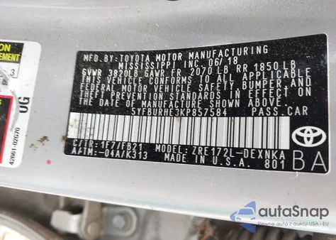 2019 Toyota Corolla Le из США, поврежденный, VIN 5YFBURHE3KP857584